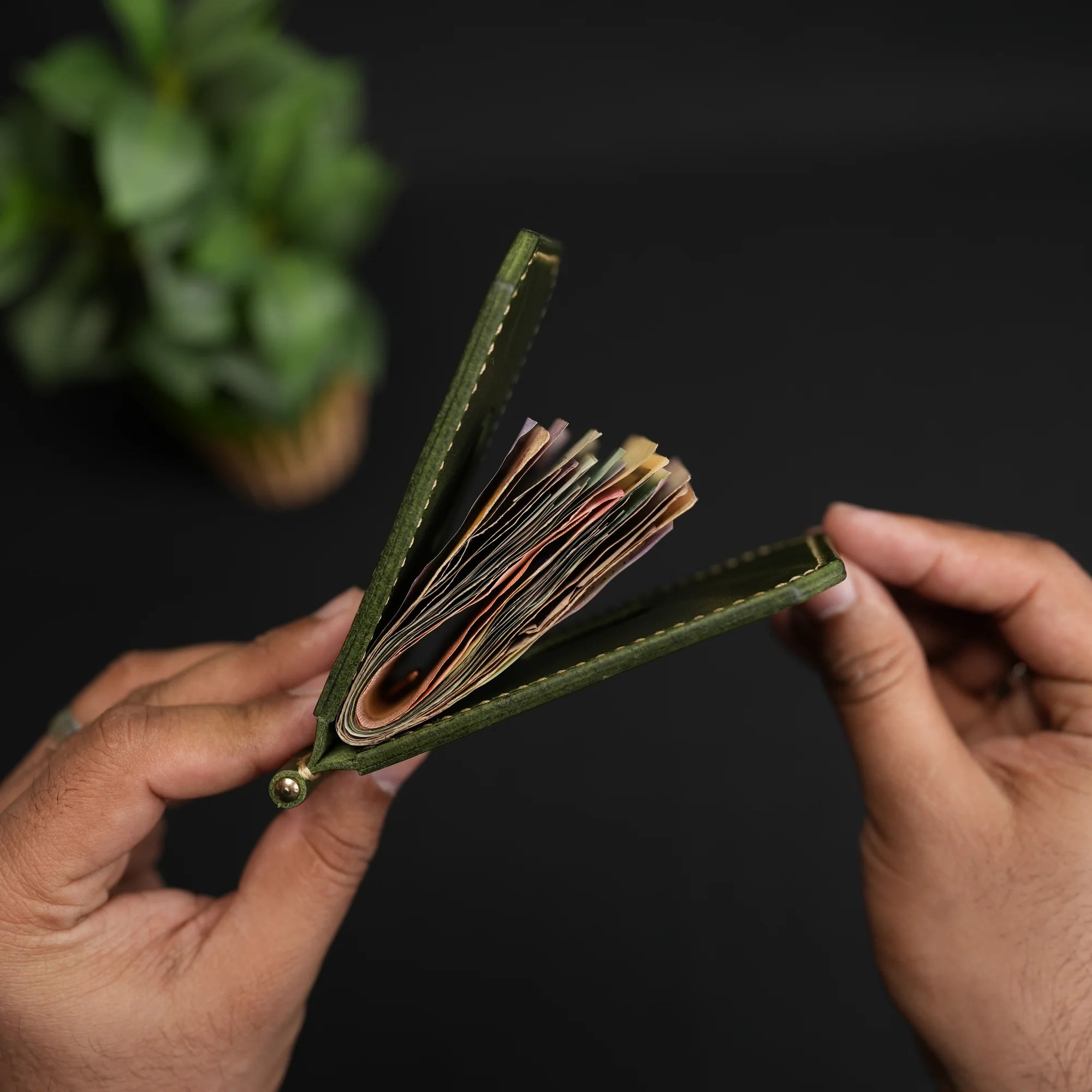 Olive Green Leather Money Clip Bifold Wallet feature view by Leatherog