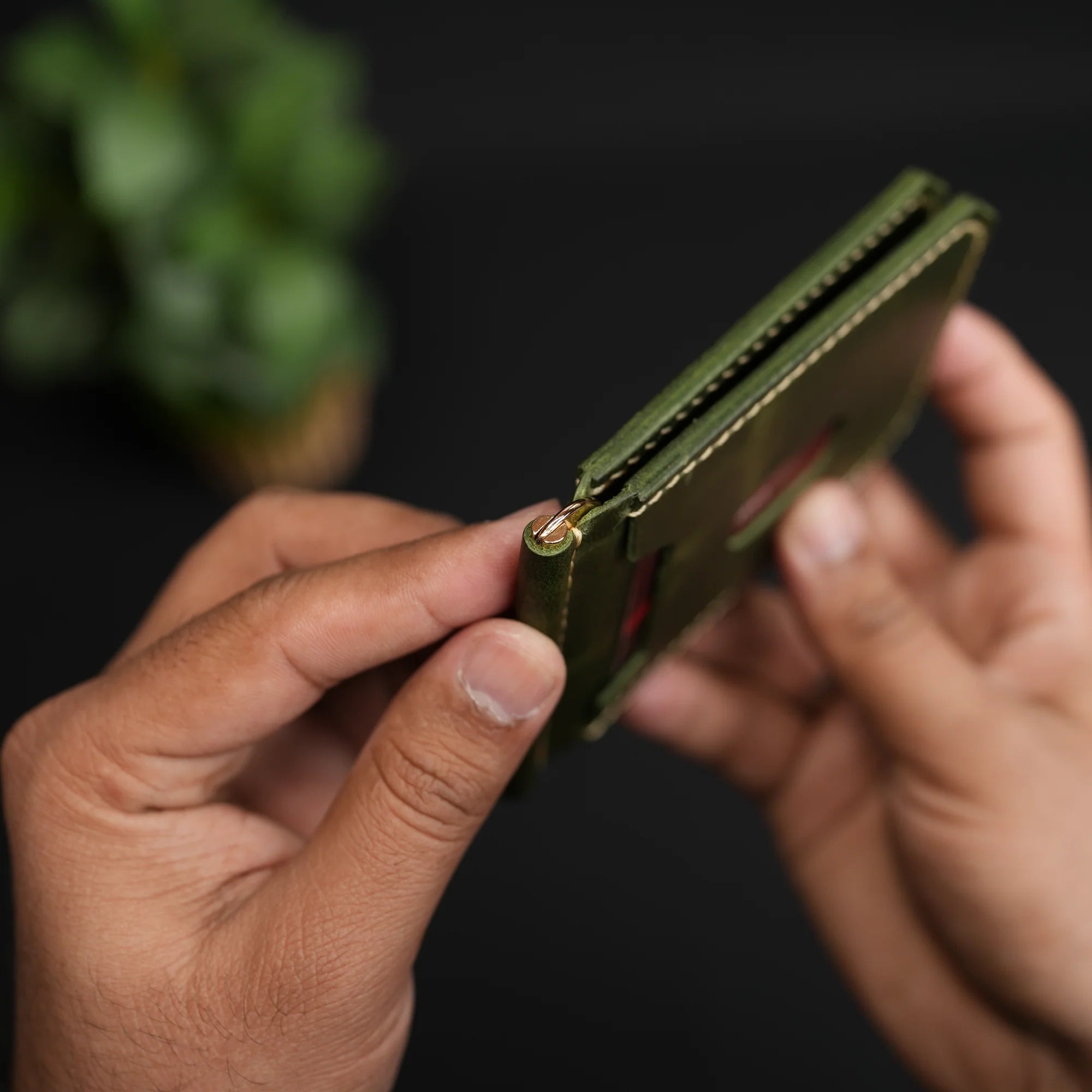 Olive Green Leather Money Clip Bifold Wallet interior view by Leatherog