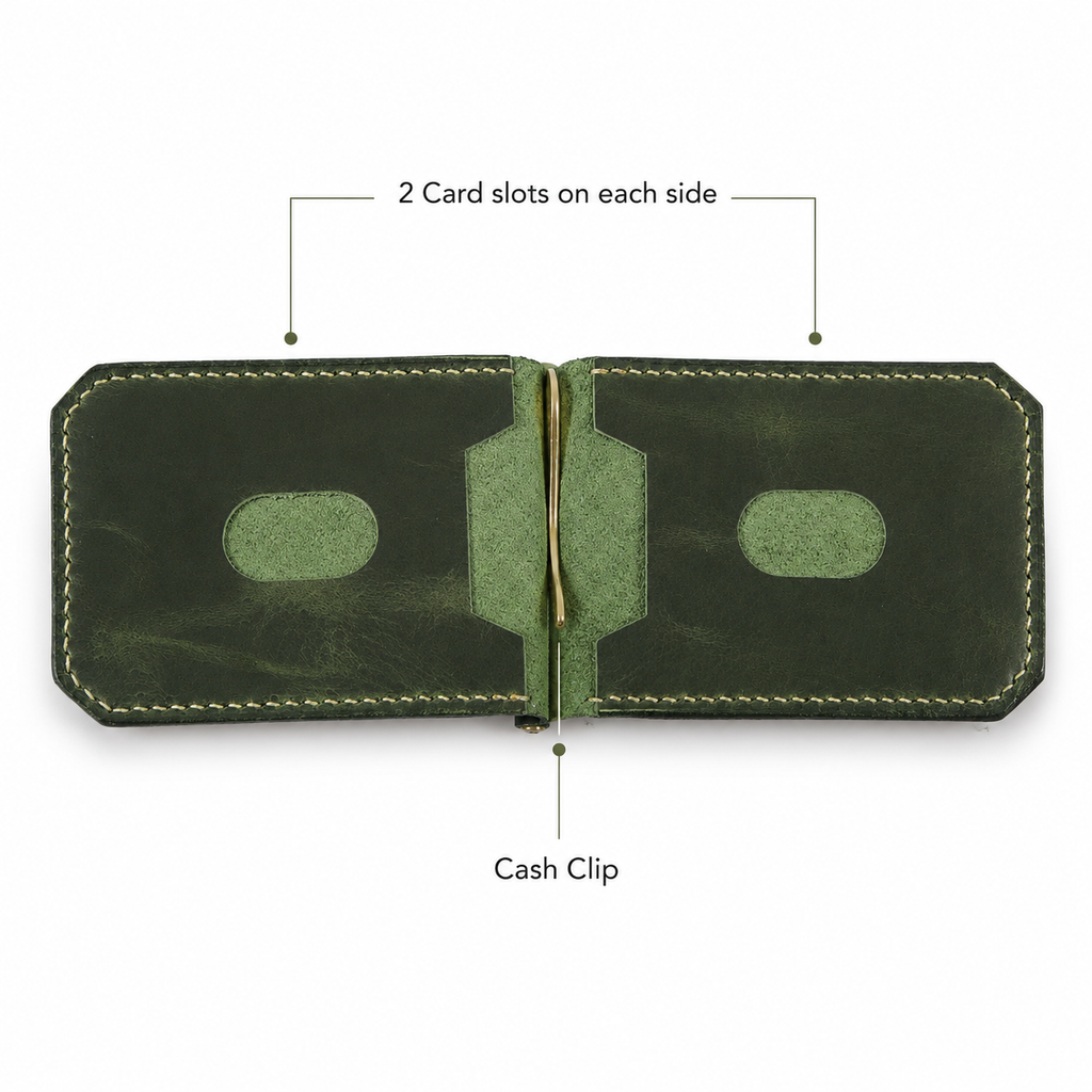 Olive Green Leather Money Clip Bifold Wallet leather detail by Leatherog