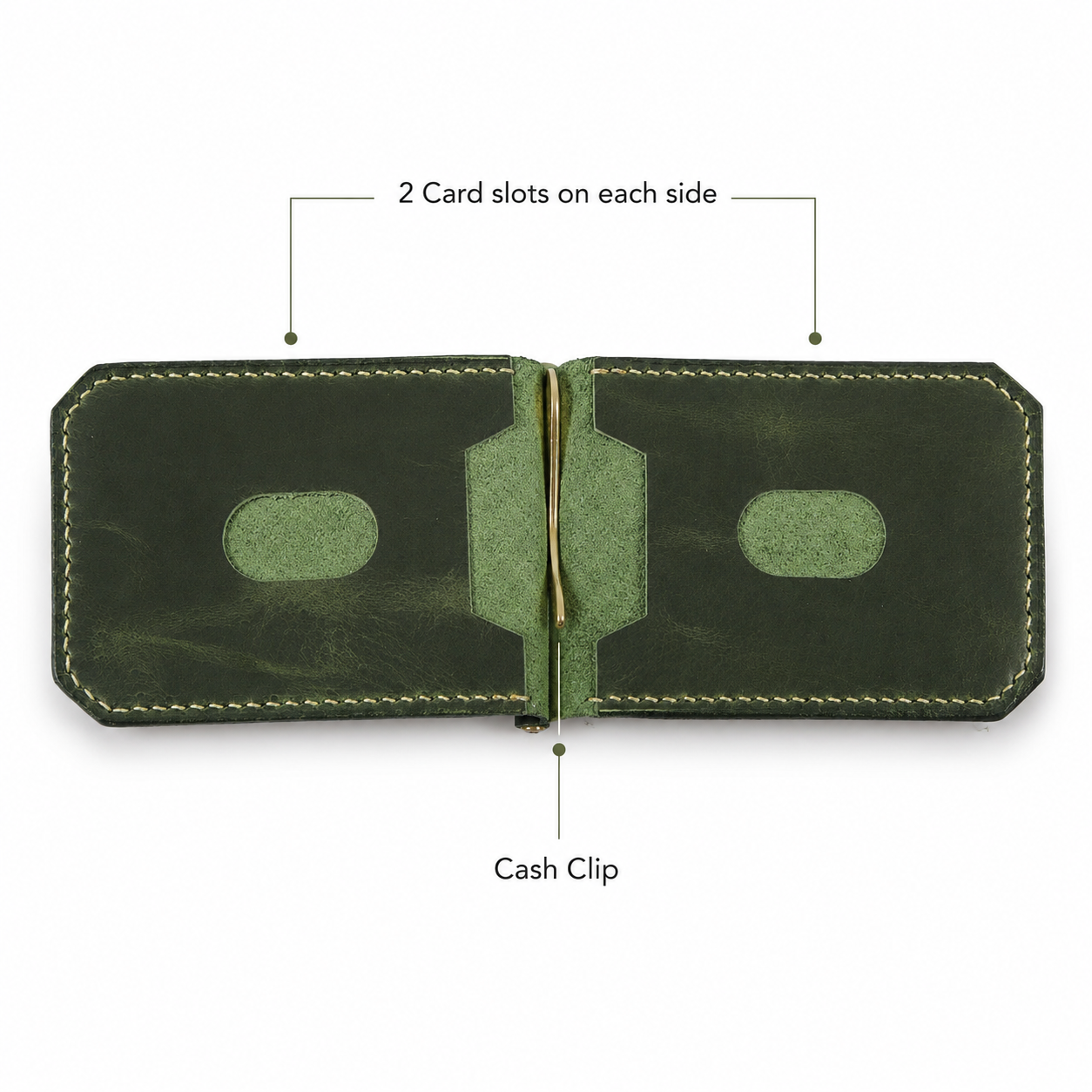 Olive Green Leather Money Clip Bifold Wallet leather detail by Leatherog