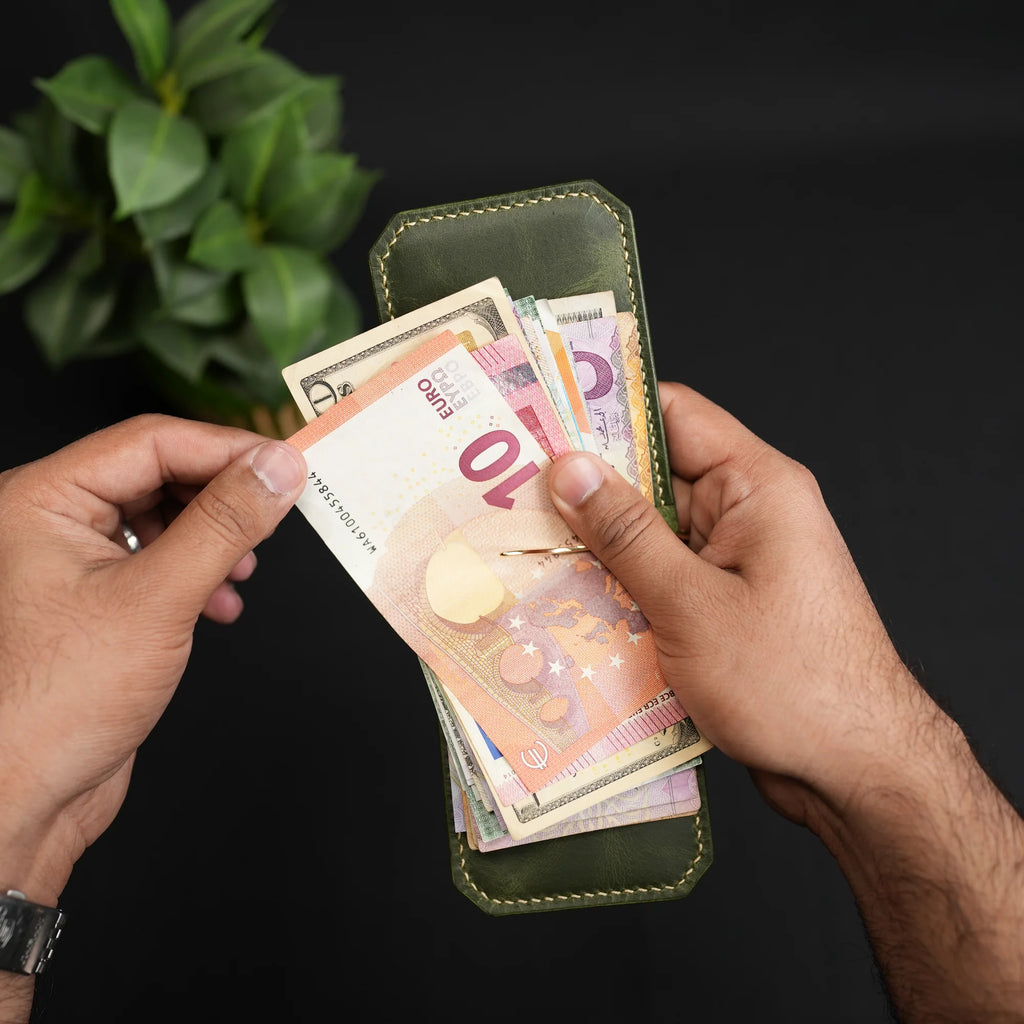 Olive Green Leather Money Clip Bifold Wallet lifestyle view by Leatherog