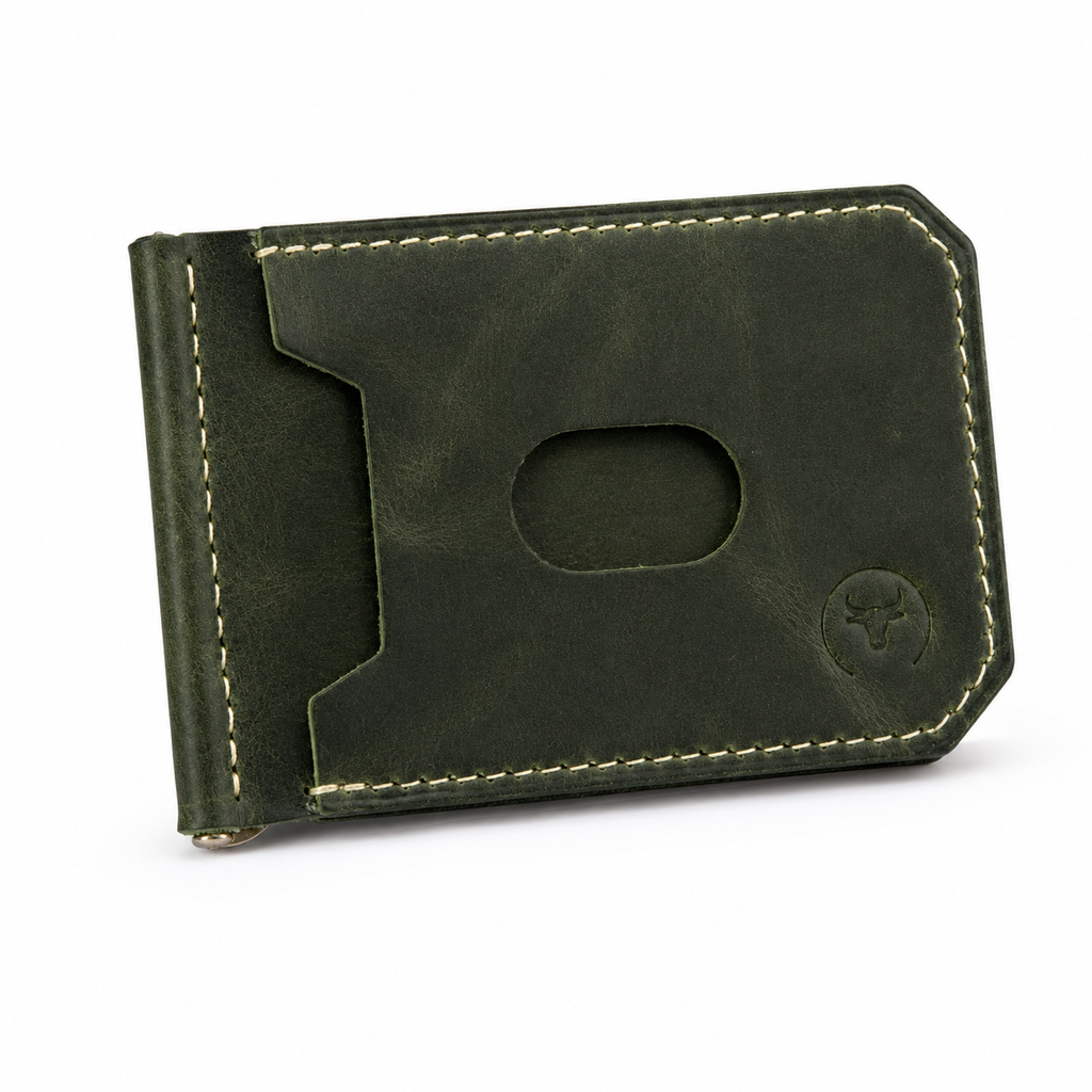 Olive Green Leather Money Clip Bifold Wallet main view by Leatherog