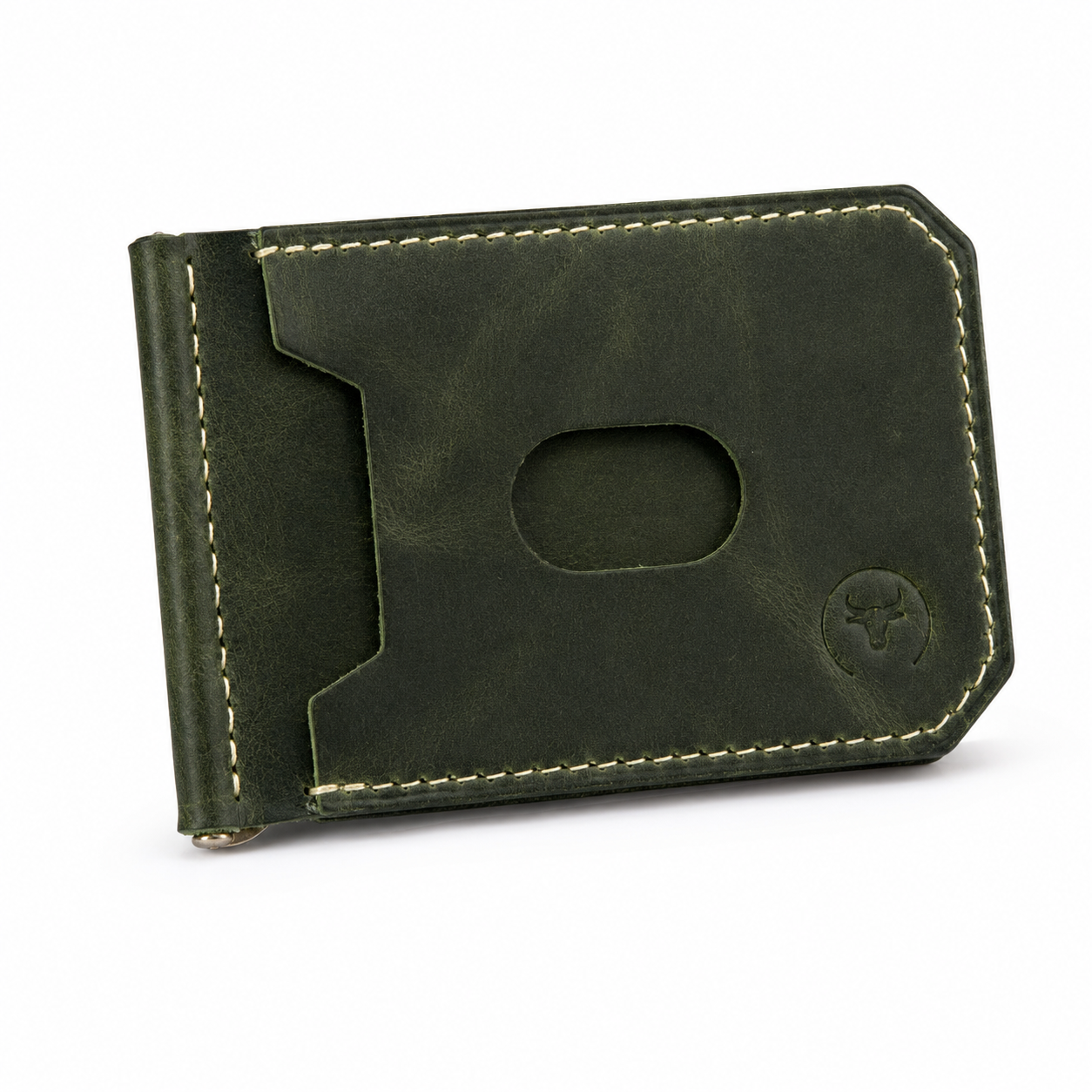 Olive Green Leather Money Clip Bifold Wallet main view by Leatherog