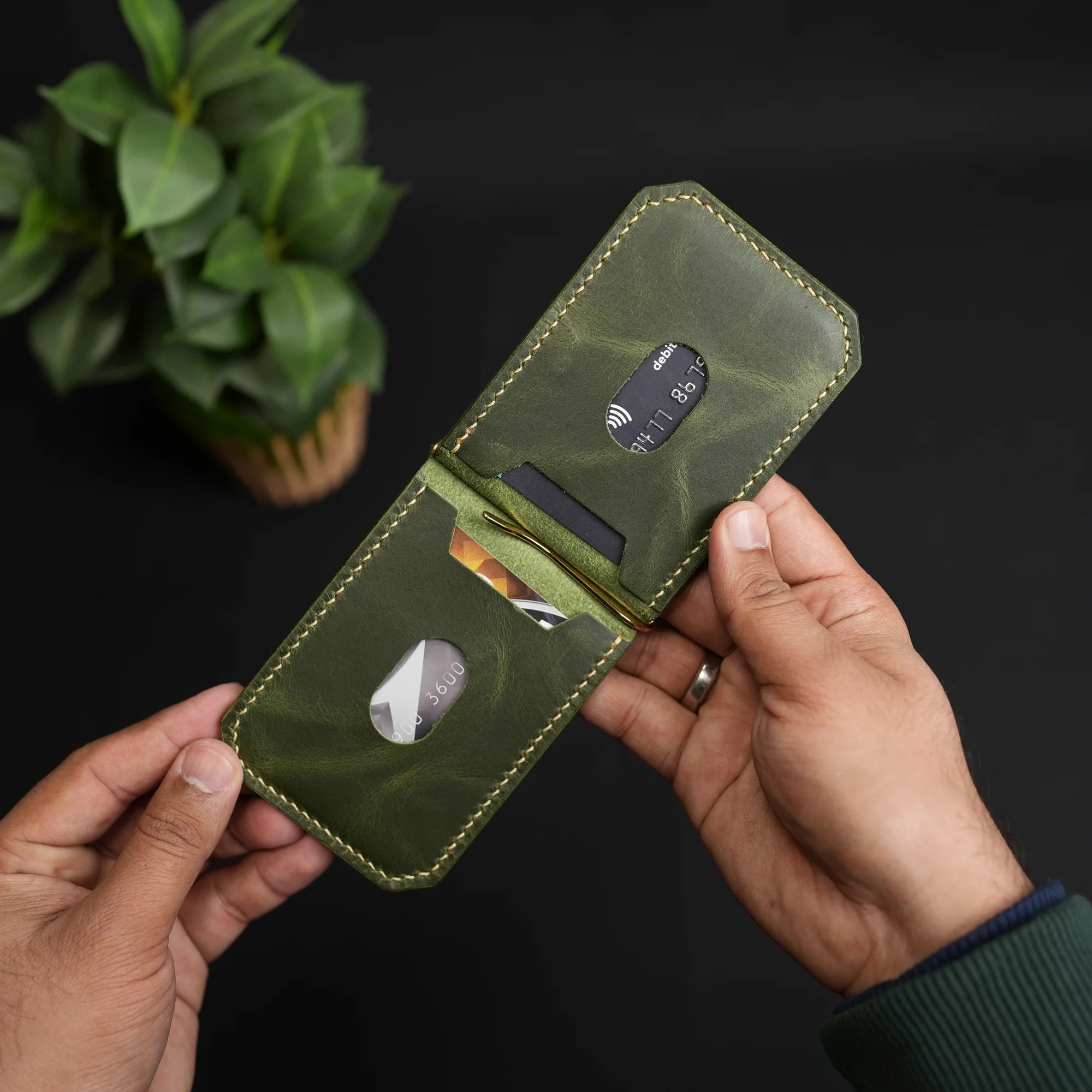 Olive Green Leather Money Clip Bifold Wallet open view by Leatherog
