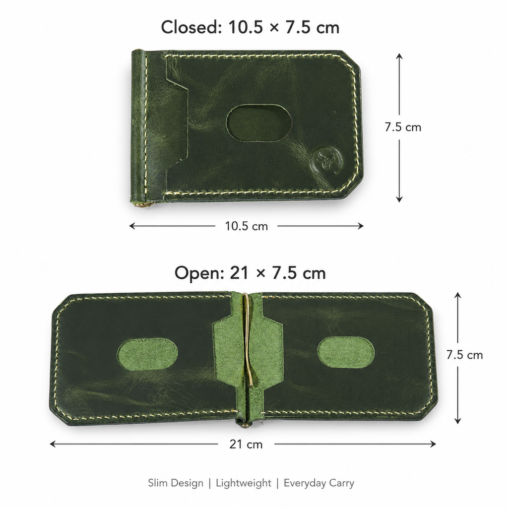 Olive Green Leather Money Clip Bifold Wallet product view by Leatherog